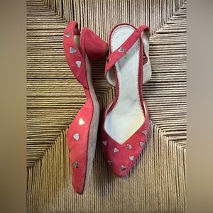 Marc Jacobs, Rose suede kitten heel sling backs with metal hearts, size 8.5